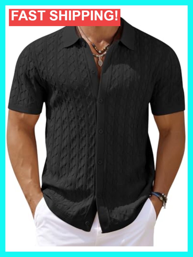 Men's Knit Short Sleeve Button Down Polo Shirt Casual Beach Cable Knit Vacation